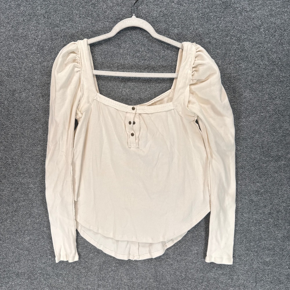 Free People Henley Shirt Womens XS Cream Puff Sleeve Square Neck Boho Cottage